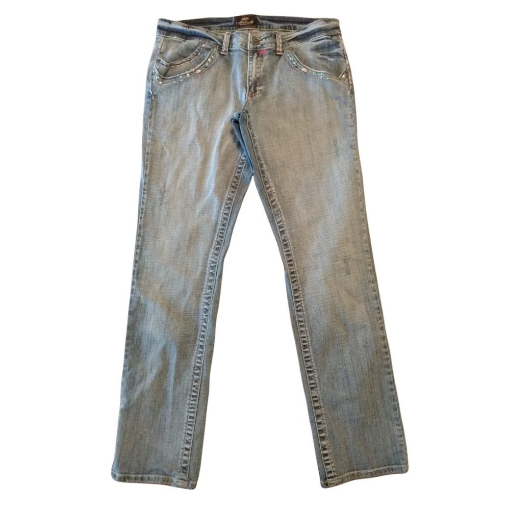Womens AKADEMIKS RHINESTONE MIDRISE STRAIGHT LEG JEANS SIZE 16